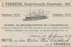 712160 Kop van een nota van J. Verbeek, Handel in Brandstoffen en Aardappelen, Oudegracht Wz. 166 bij de Geertebrug te ...